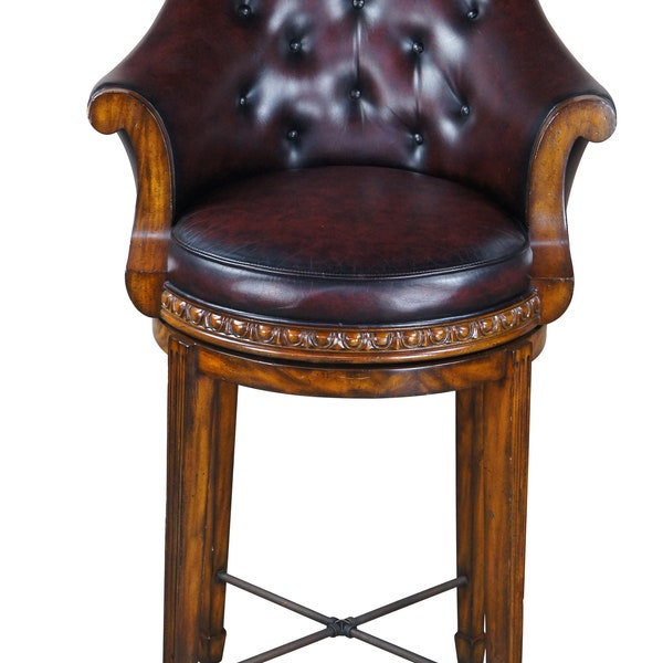 Vintage Theodore Alexander Flame Mahogany Tufted Leather Bar Counter Stool