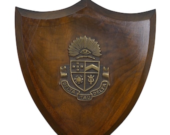 Vintage Delta Tau Delta Bronze & Walnut Fraternity Shield Wall Plaque Crest 11"