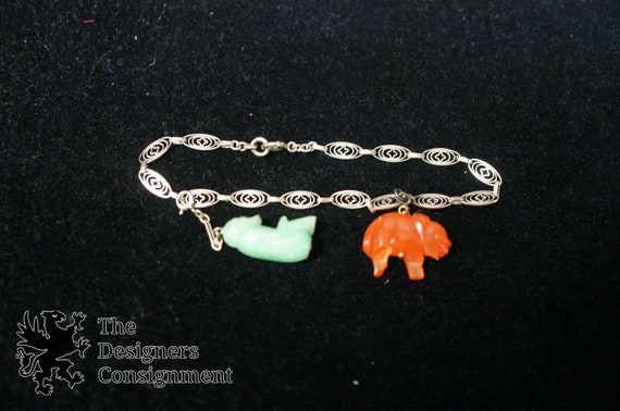 Sterling Silver Charm Bracelet Bakelite Monkey El… - image 7