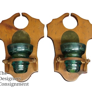 2 Primitive Candle Holders Wall Sconce W/ Hemingray Insulator Glass Re-Purposed
