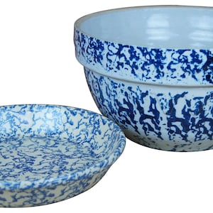 2 Vintage Blue Spongeware Pottery Serving Mixing Bowls Robinson Ransbottom 12&quot;
