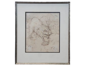 Vintage Folk Art Pen & Ink Raccoon with Turtle Shell Landscape Drawing 16"