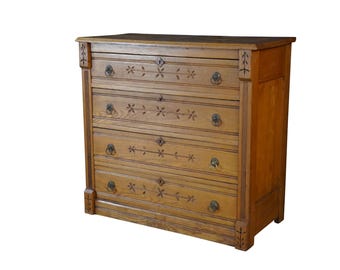 Antique Victorian Eastlake Oak & Ash Four Drawer Spoon Carved Dresser Chest 38"