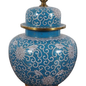 2 Antique Turquoise Cloisonné Chrysanthemums Lidded Ginger Jar Vase Urn Pair 8&quot;