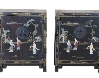 2 Chinese Export Black Lacquer Carved Soapstone Scholars Cabinets Console Chests