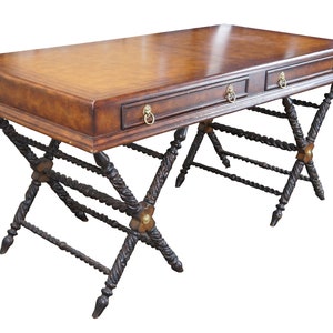 Vintage Tooled Leather Traditional Carved Campaign Style Office Writing Desk 62&quot;