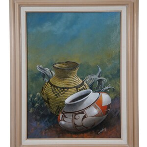 May include: A framed painting of a still life featuring two Native American pottery pieces. One is a woven basket with a yellow and brown pattern, and the other is a white ceramic pot with a geometric design in orange, brown, and black.