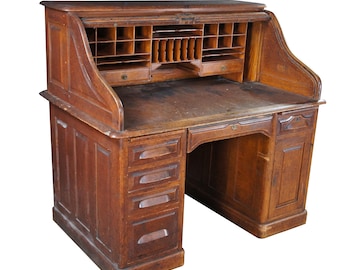 Antique Victorian American Oak S Curve Tambour Roll Top Executive Office Desk