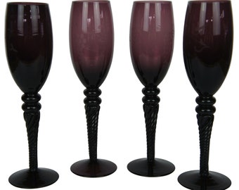 4 Vintage Amethyst Purple Grape Glass Champagne Toasting Flutes Wine Glasses 9"
