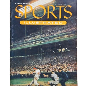 May include: A vintage Sports Illustrated magazine cover from August 16, 1954, featuring a baseball game in progress. The cover features a baseball player in a white uniform with the number 51 on his back, swinging a bat at a pitch. A catcher in a white uniform with the number 1 on his back is crouched behind home plate, and an umpire in a black uniform is standing behind the catcher. The magazine cover is yellowed with age and has a price of 25 cents.