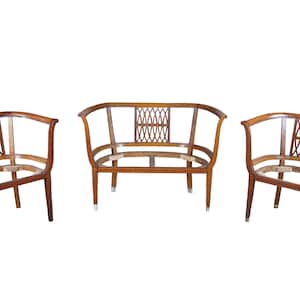May include: A set of three wooden chairs with a curved back and openwork design. The chairs are unfinished and ready to be upholstered.
