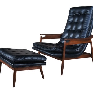 Milo Baughman Mid Century Modern Black Scoop Lounge Arm Chair & Ottoman