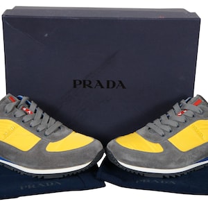 Vintage Prada Mens Sneakers Tennis Shoes 4E2721 Gray Suede Yellow Nylon 9 US 10