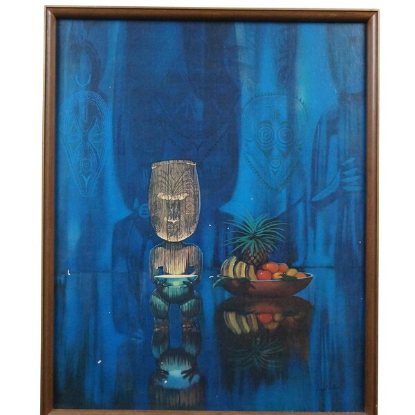 August Holland Mid Century Modern Pearl of Wisdom Tiki Man Fruit Lithograph 31"