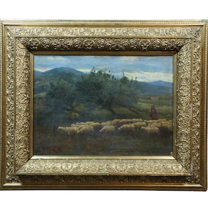 Antique Rudolf Rezso Karpaty Shepherd Flock of Sheep Landscape Oil Painting 34&quot;