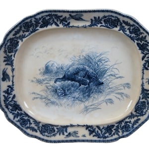 Antique 19th Century Flow Blue Turkey Meat Serving Platter Cauldon England 24&quot;