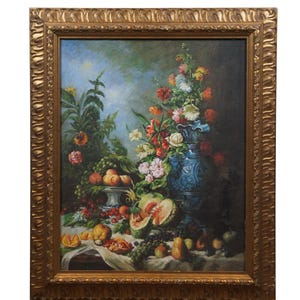 Nature Morte Aux Fruits & Flowers Still Life Oil Painting After Eugene Vidal 38&quot;