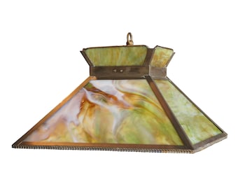 Antique Arts & Crafts Green Slag Glass Swag Pendant Light Chandelier Shade 18"
