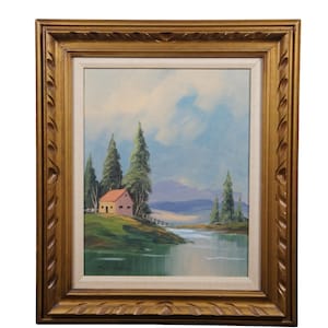 Vintage Country Cottage Lake Landscape Oil Painting on Canvas 29&quot;