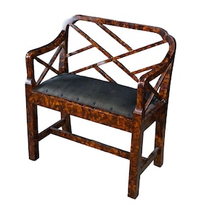 Vintage Chinese Chippendale Faux Tortoise Shell Pierced Trellis Bench Arm Chair