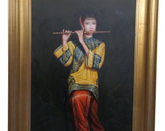 Chinese Woman Playing Bamboo Flute Oil Painting on Canvas After