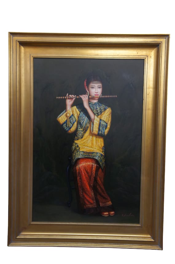 Chinese Woman Playing Bamboo Flute Oil Painting on Canvas After