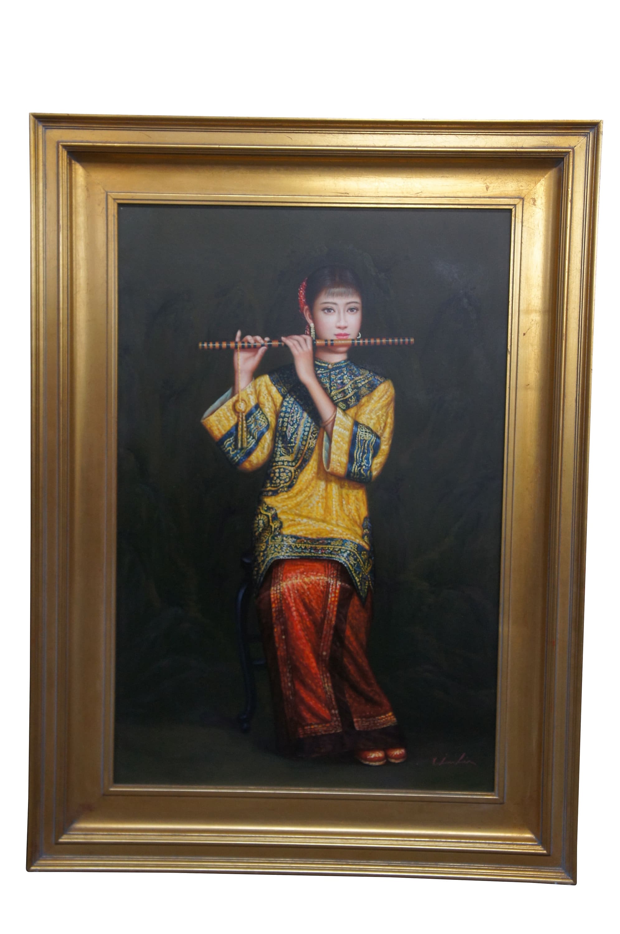 Chinese Woman Playing Bamboo Flute Oil Painting on Canvas After