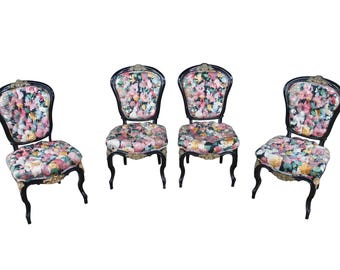 4 Antique French Louis XV Style Ebonized Dining Chairs Boussac Fabric Ormolu