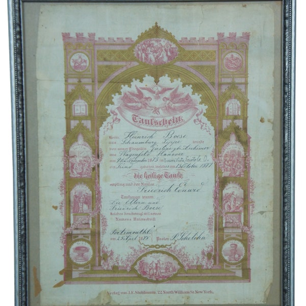 1873 Antique Framed German Taufschein Birth Baptismal Certificate Fraktur 13"