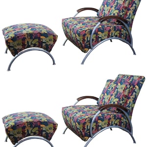 2002 Milo Baughman for Thayer Coggin  Mid Century Modern Library Lounge Club Arm Chairs & Ottomans Boho Retro Sculptural