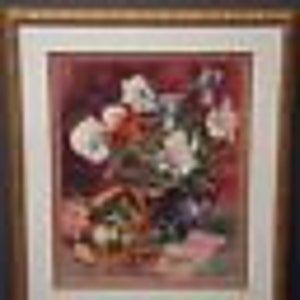 Stunning Floral Still Life Watercolor Print in Gold Frame Flowers Vase Realism
