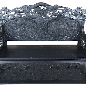 Monumental Antique Imperial Meiji Japanese Ebonized High Relief Carved Dragon Trunk Bench