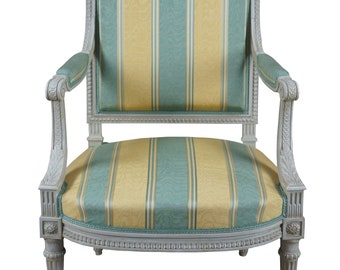 Vintage Baker Furniture French Louis XVI Fauteuil Silk Striped Arm Chair 38"