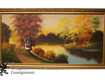 Mae Elright Acrylic Landscape Painting on Board Realism Lake Scene In Fall 31"