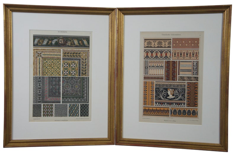 2 19th Century Emil Hochdanz Art Nouveau Greek Roman Book Plates Mosaic Floors