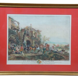 May include: A framed print of a vintage illustration depicting a bustling scene with people and horses in front of a building. The print is titled "La Boutique du Marechal" and includes the text "Commerce de vin et d'eau de vie en gros et en detail, dans le pays de la Loire, sur le chemin de Paris, par la route de Tours, a la Croix Blanche, a SAINTE-HERMINE, en PAYS DE RETZ."