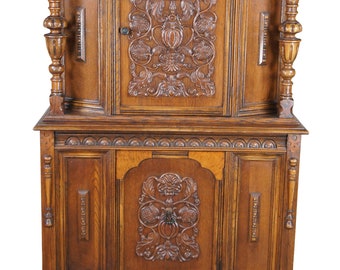 Antique Jacobean English Revival Oak Court Cupboard China Cabinet Hutch 63"