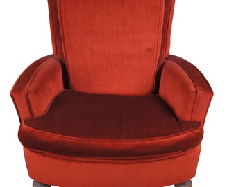 Mid Century Red Velvet & Walnut Highback Library Club Lounge Arm Chair