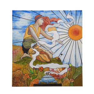 May include: A painting of a woman with flowing red hair, sitting on a hill with a blue and white smoke rising from a blue pot. The sun is shining brightly in the background.