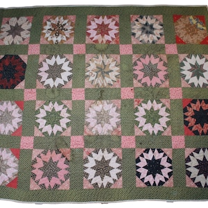 Antique Hand Stitched Broken Star Quilt Queen Bedspread Blanket Folk Art 8 Point