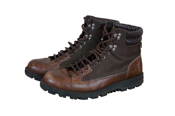 Gucci Leather Lace up Hiking Boots Brown Cocoa Mens US 