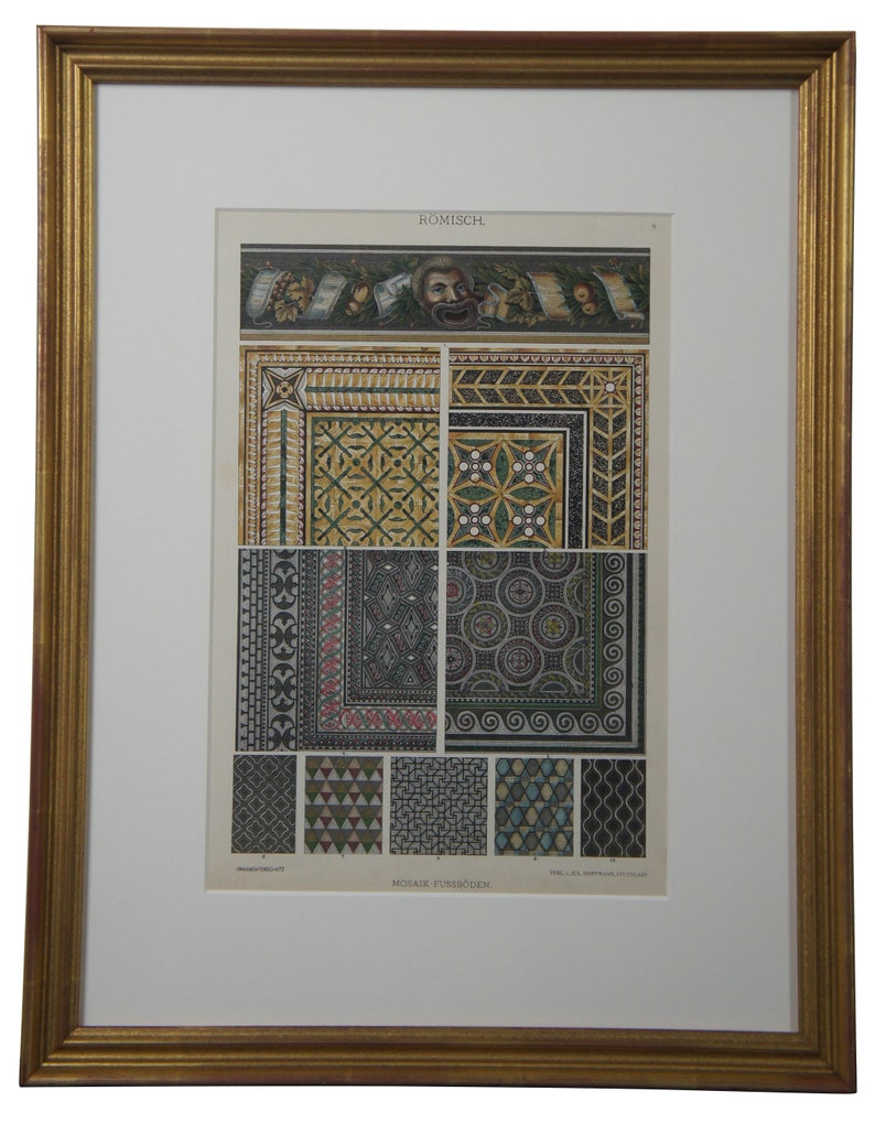 2 19th Century Emil Hochdanz Art Nouveau Greek Roman Book Plates Mosaic Floors
