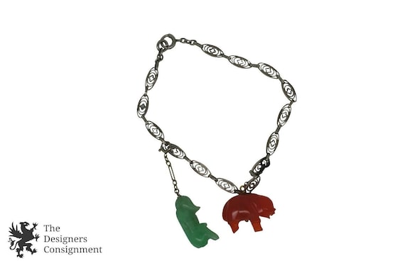 Sterling Silver Charm Bracelet Bakelite Monkey El… - image 1