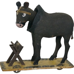 Antique German Paper Mache Bobble Head Mule Donkey Pull Cart Toy 7.5"