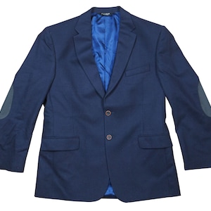 May include: A navy blue blazer with brown buttons and elbow patches. The blazer has a blue lining and a single chest pocket.