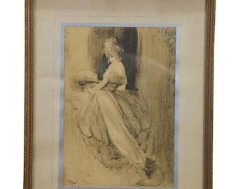 Antique Mettel Pompadour Lady in Dress w Cat Portrait Lithograph Print 15"