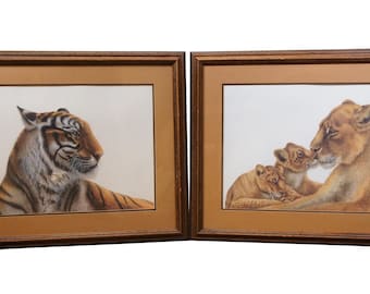 2 Vintage Imogene Farnsworth African Tigers Lions Lioness Prints w COA 33"