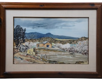 Vintage firmado acuarela paisaje pintura rural rural iglesia montañas 32 "