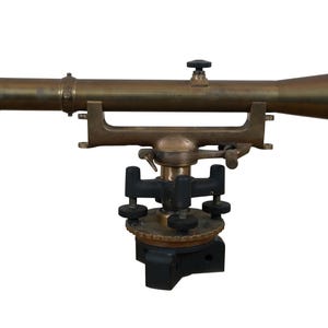 May include: A brass theodolite with a telescope and a tripod base. The theodolite is used for measuring angles in surveying and other applications.