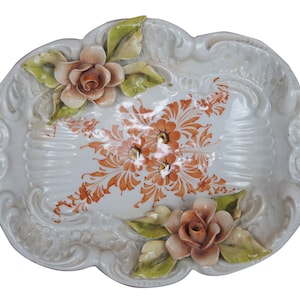 Vintage Capodimonte Italy Fine Porcelain Dish Floral Pastel Pink Rose Oval 8&quot;